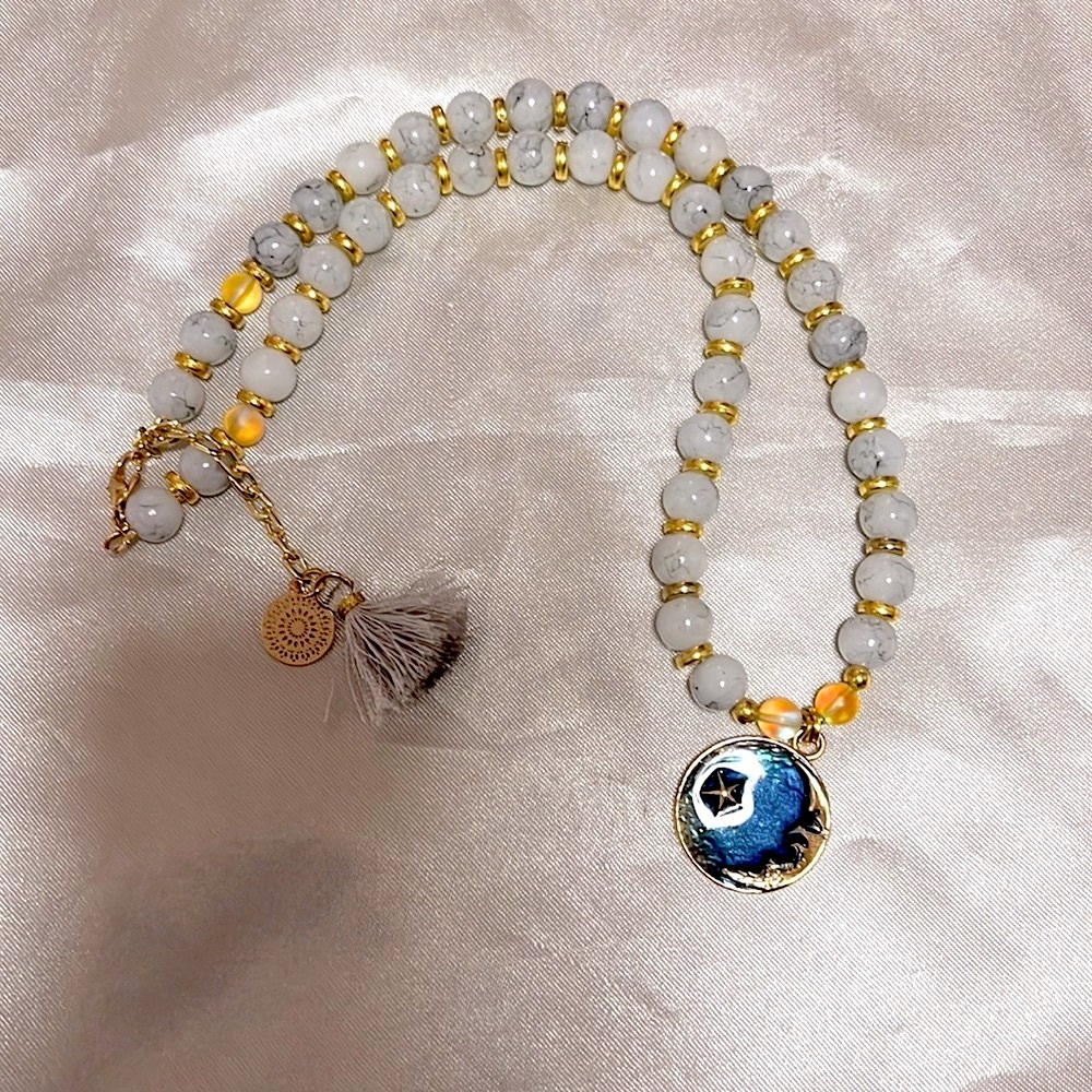 Grey Agate Necklace Enamel Pendant